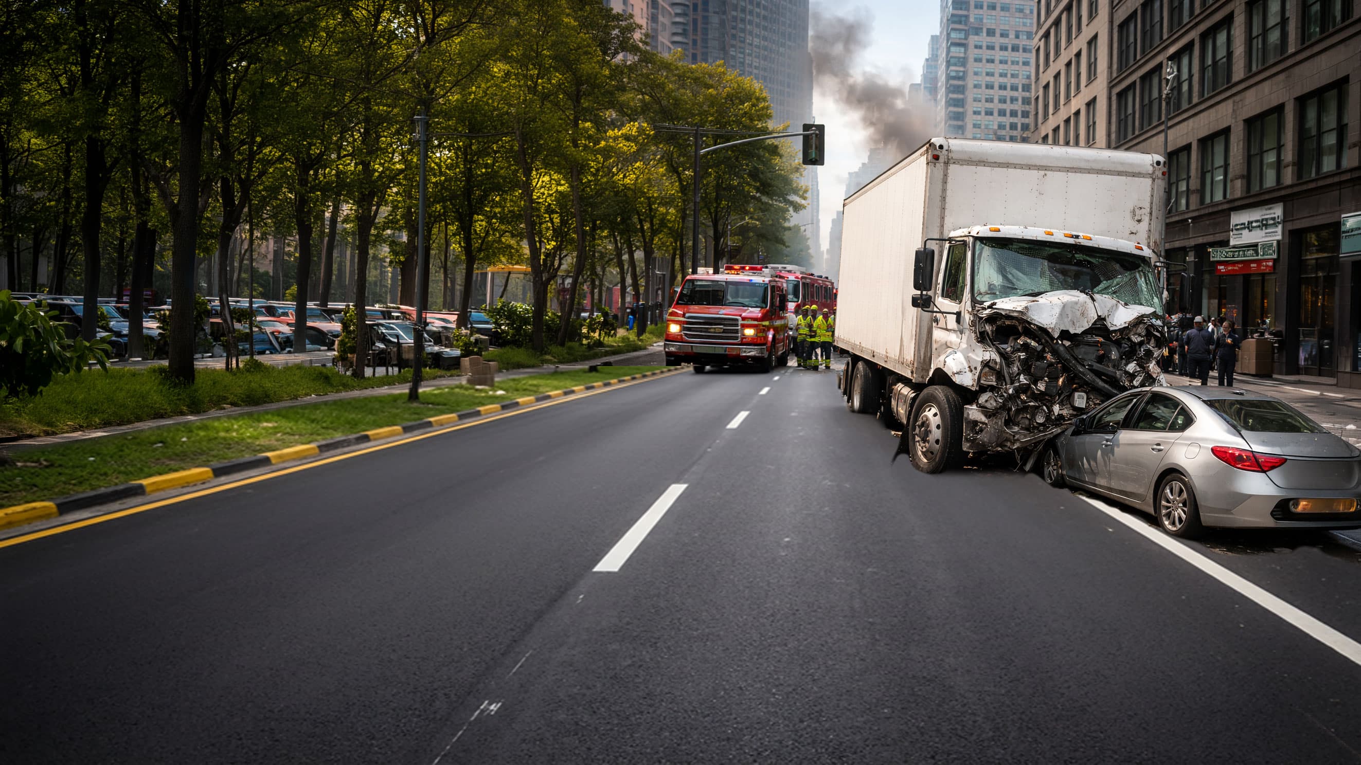 Professional responders at a commercial vehicle accident site